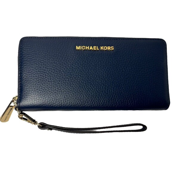 Michael Kors Navy Pebbled Leather Jet Set Travel Continental Wristlet Zip Wallet - Picture 1 of 7